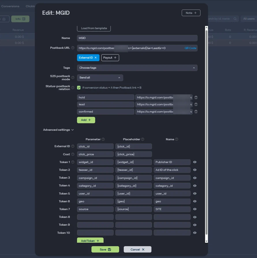 Карточка источника целиком: режим Send all, галка связей и три пары. Client id замазан — у вас там свой
